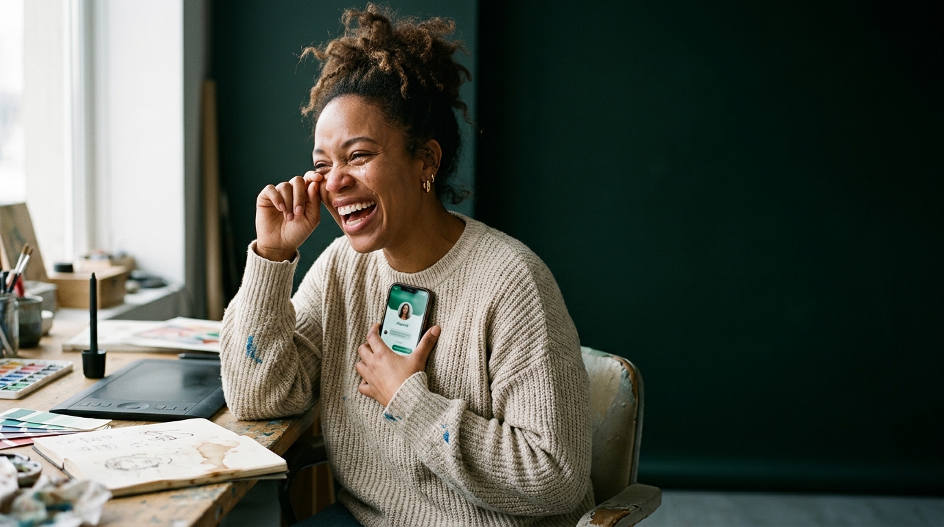 Photo — smiling designer, just hired