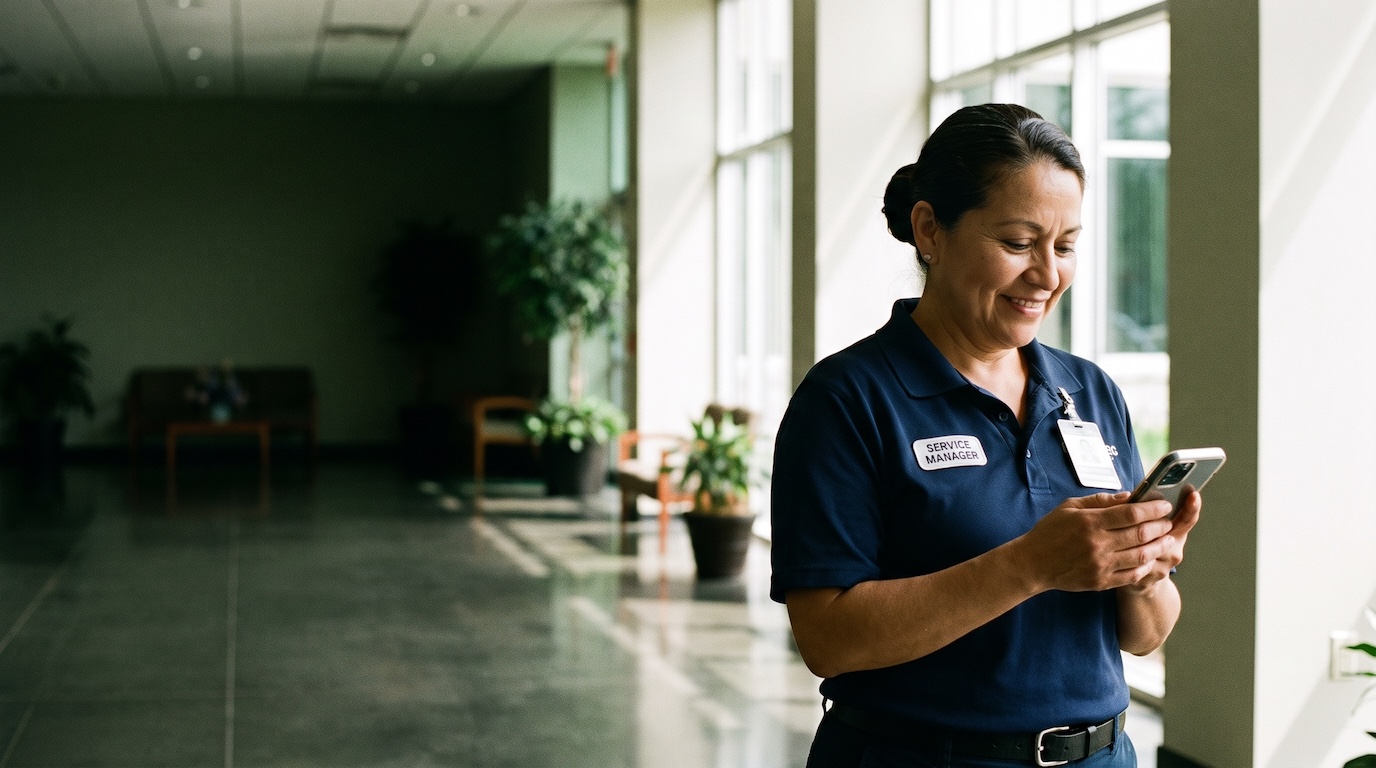 Photo — smiling facilities worker, just hired