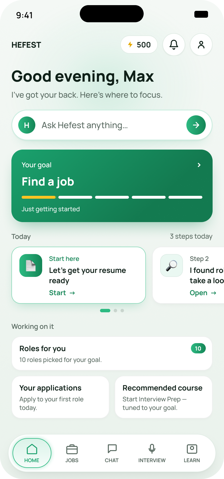 Chat / onboarding screen
