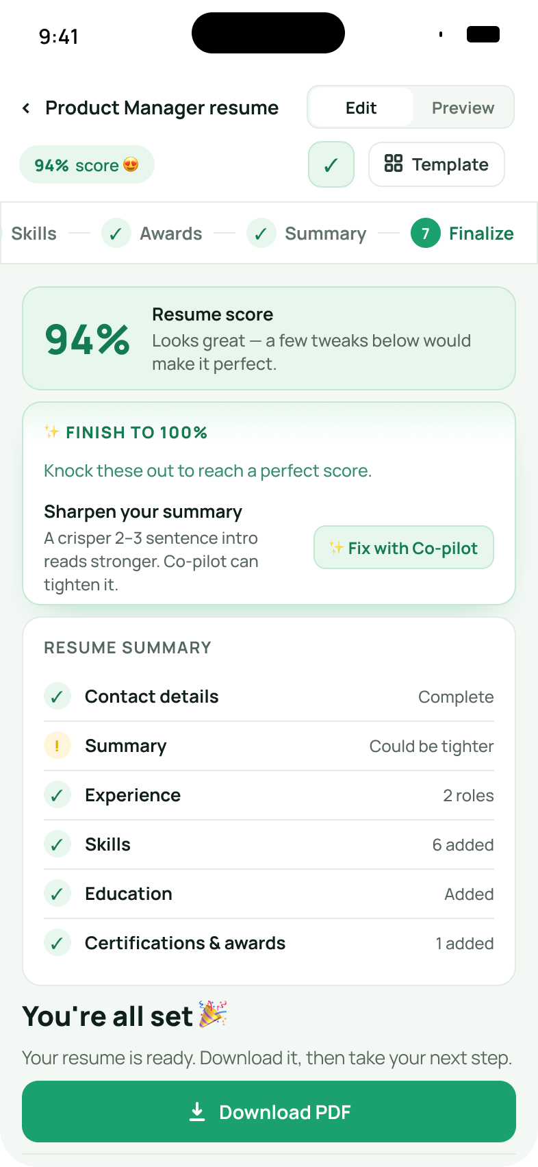 Résumé builder — mobile screenshot